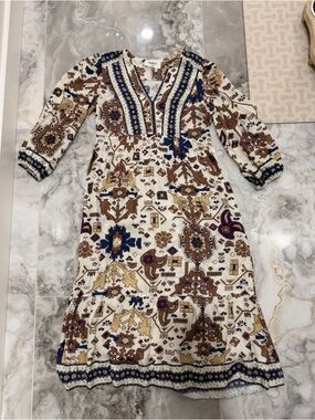ba&sh Cream Boho Midi Dress with Brown, Blue & Purple Print